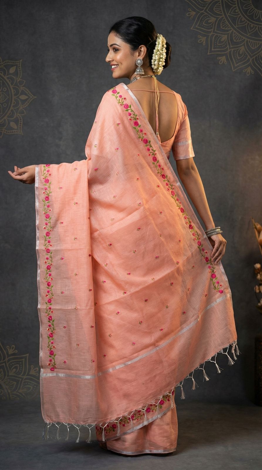 Peach Kota Doriya Saree With Silver Zari Border & Floral Embroidery | Festive Ethnic Wear – JaipurSaaj