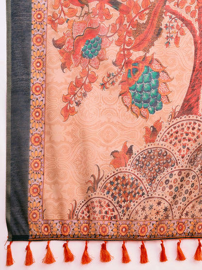 Multi Soft Linen Cotton Saree With Kalamkari Printed Work