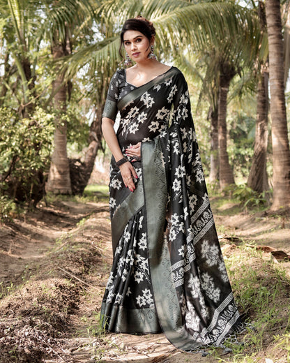 Black Tussar Silk Saree with Floral Woven Motifs & Zari Border | Traditional Festive Wear – JaipurSaaj
