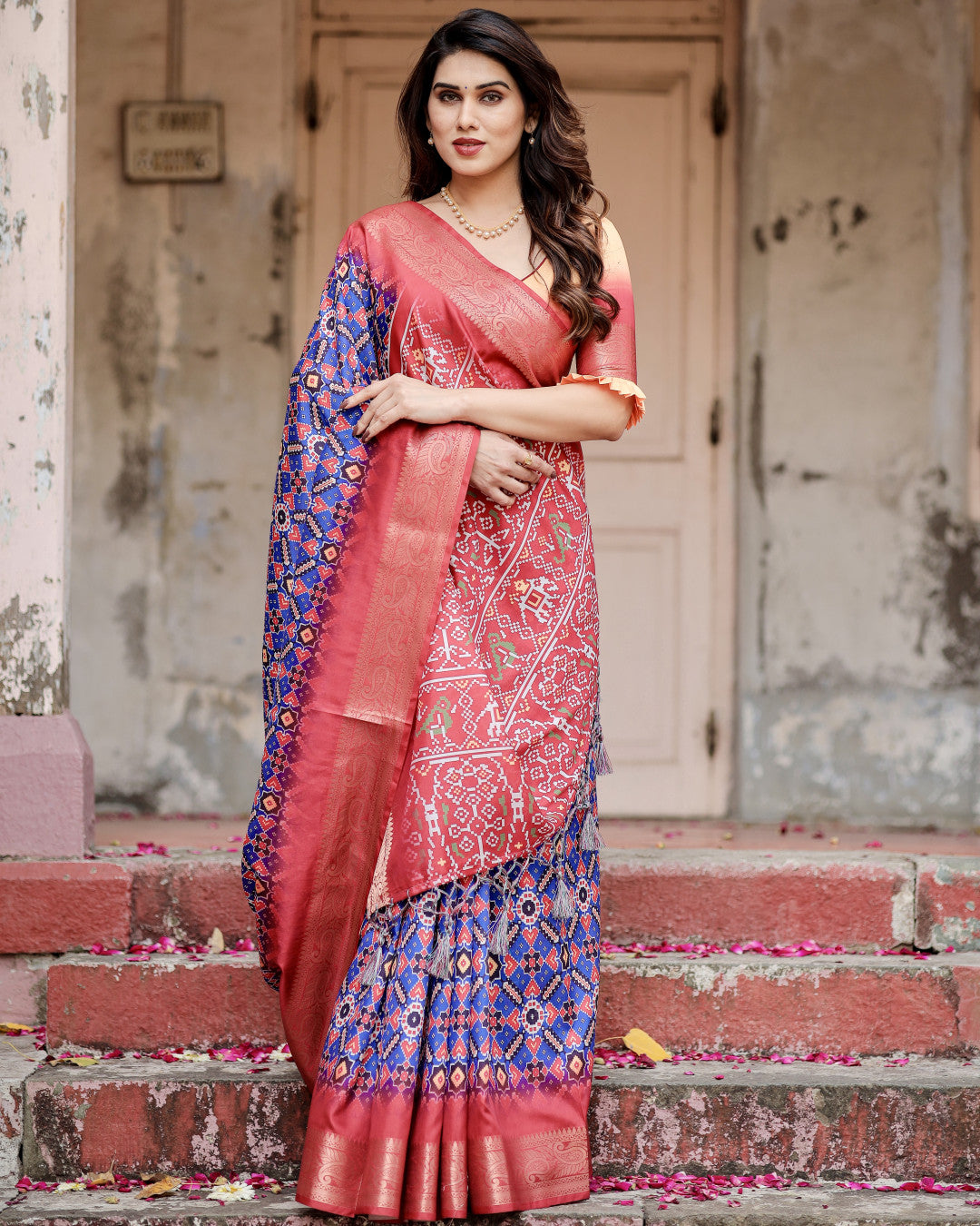 Royal Blue Digital Printed Tussar Silk Saree With Zari Motif Border | Designer Festive Ethnic Wear – JaipurSaaj