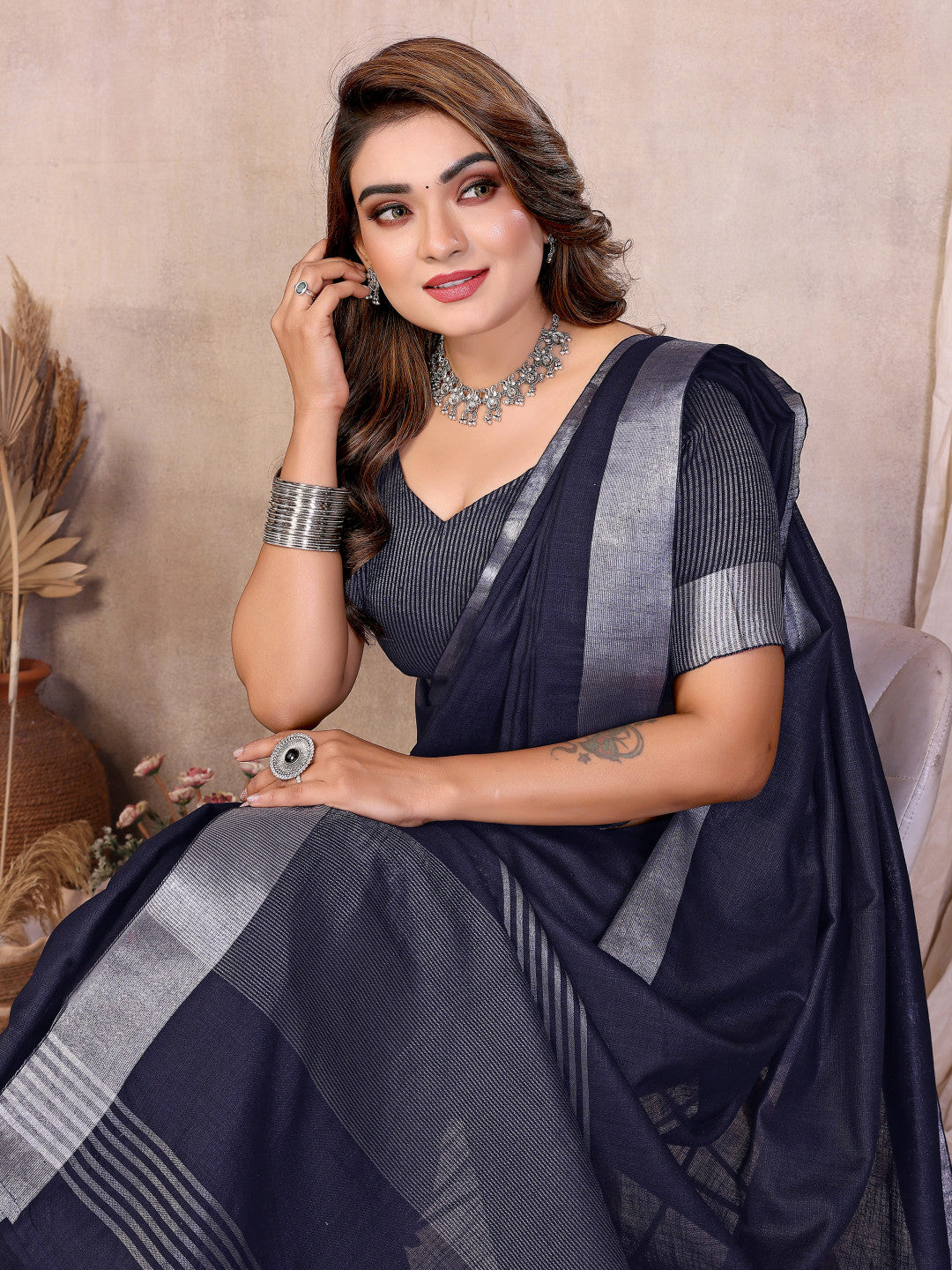Navy Blue Linen Cotton Saree With Silver Zari Border | Office & Festive Wear – JaipurSaaj