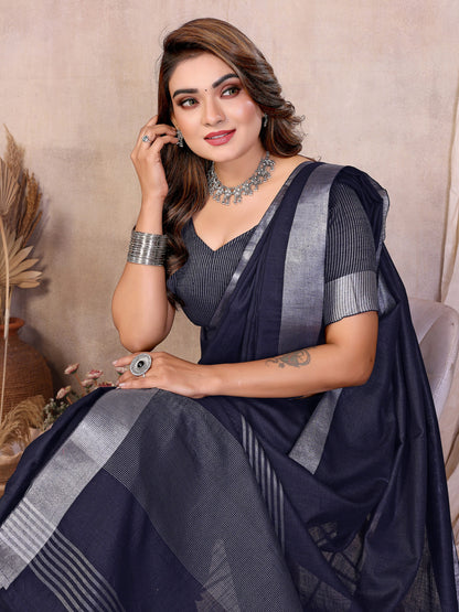 Navy Blue Linen Cotton Saree With Silver Zari Border | Office & Festive Wear – JaipurSaaj