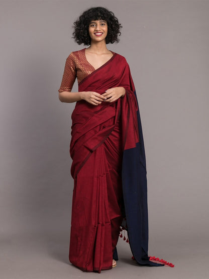 Maroon Color Plain Khadi Cotton Saree With Fancy Tassel Work