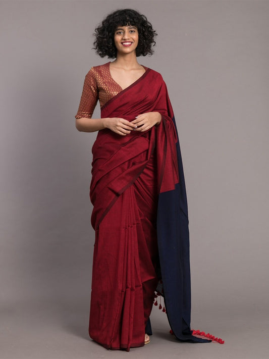 Maroon Color Plain Khadi Cotton Saree With Fancy Tassel Work