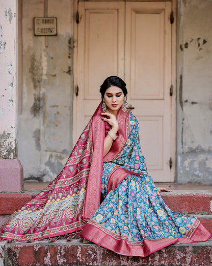 Multi Color Digital Printed Tussar Silk Saree With Zari Motif Border | Traditional Festive Ethnic Wear – JaipurSaaj