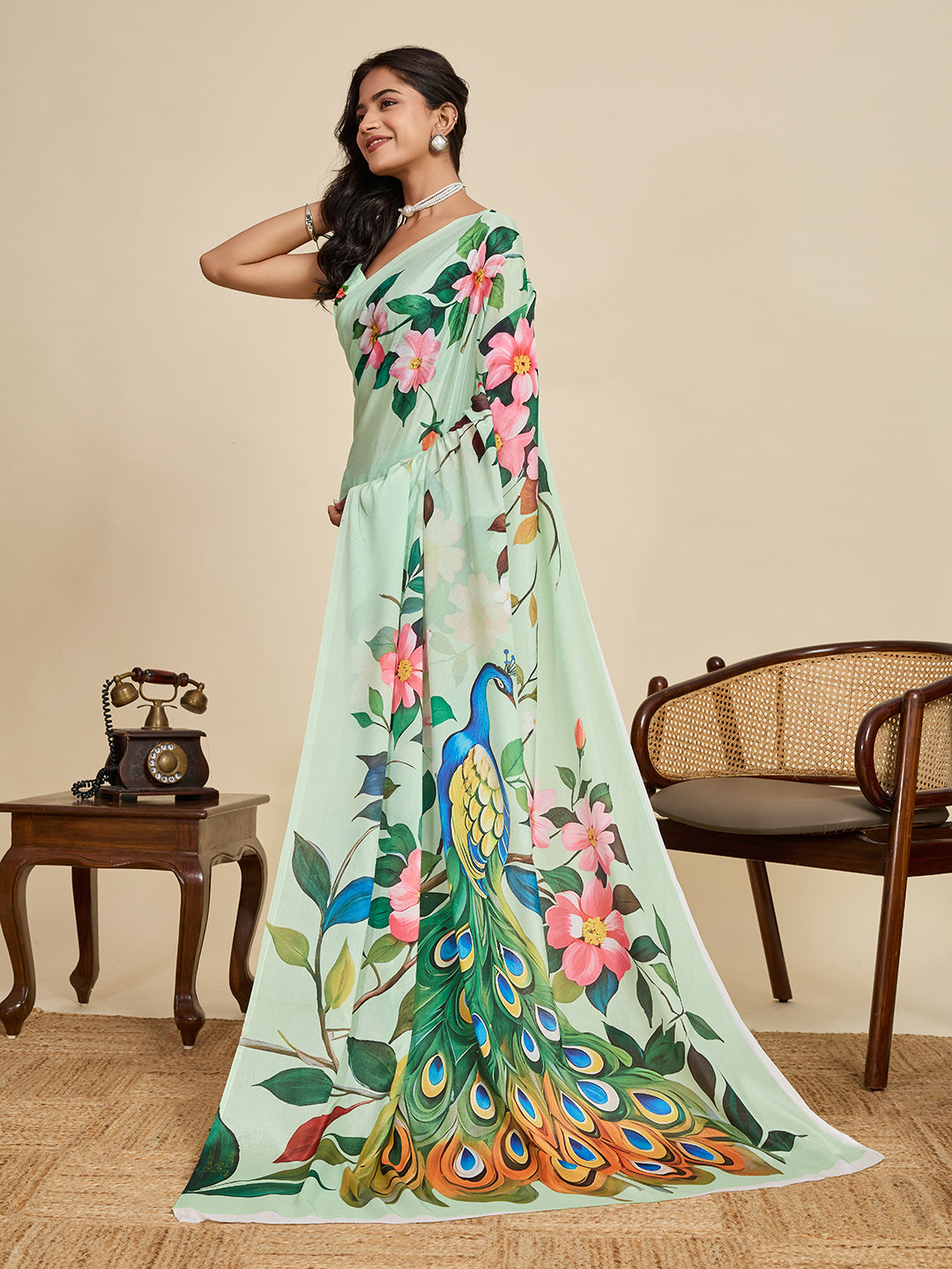 Sea Green Soft Chinnon Silk Saree With Digital Printed Work