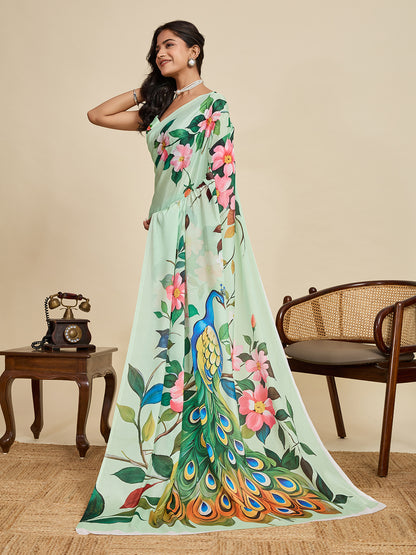Sea Green Soft Chinnon Silk Saree With Digital Printed Work