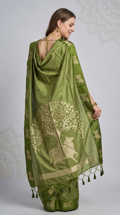 Mehndi Green Khadi Raw Silk Saree With Zari Weaving Cow Pallu & Border | Traditional Festive Wear – JaipurSaaj