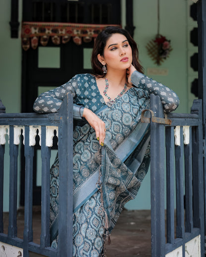 Teal Blue Summer Special Digital Printed Linen Cotton Saree