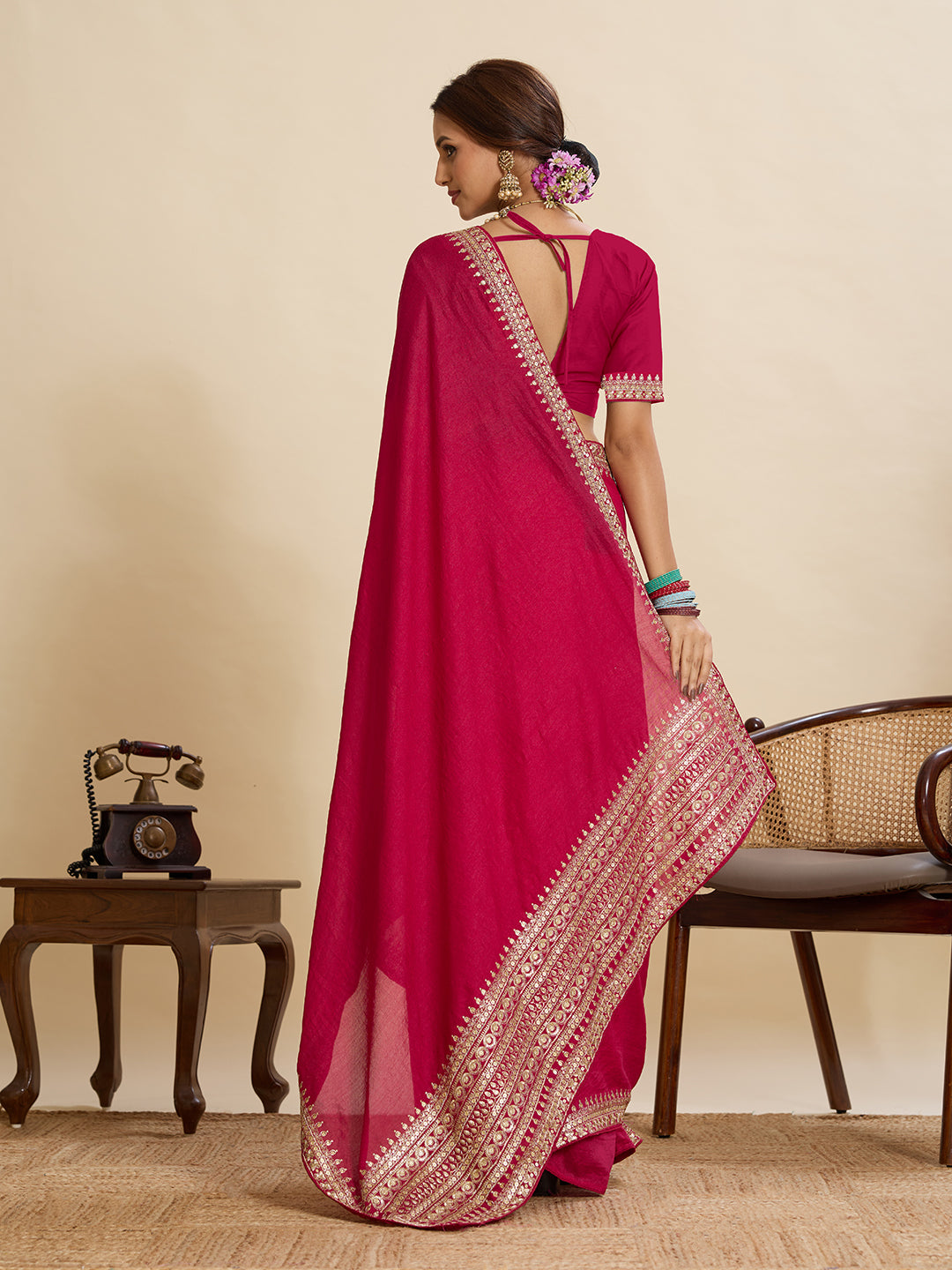 Rani Pink Soft Vichitra Silk Saree With Embroidery Work | Bridal Wedding & Festive Wear – JaipurSaaj