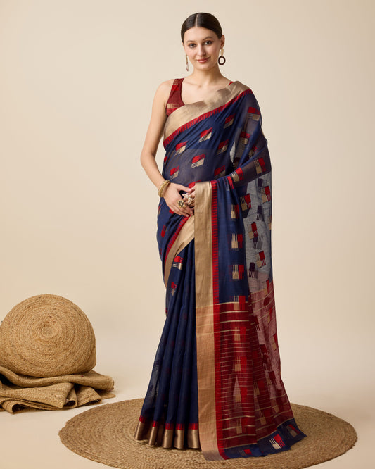 Navy Blue Color Cotton Silk Saree With Weaving Work