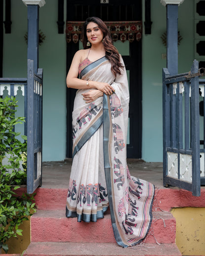 Off White Floral Digital Printed Linen Cotton Saree