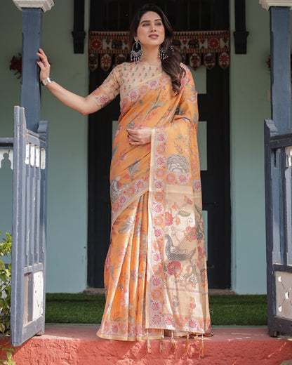 Orange Soft Linen Cotton Saree with Kalamkari Printed Work | Summer Casual & Ethnic Wear – JaipurSaaj