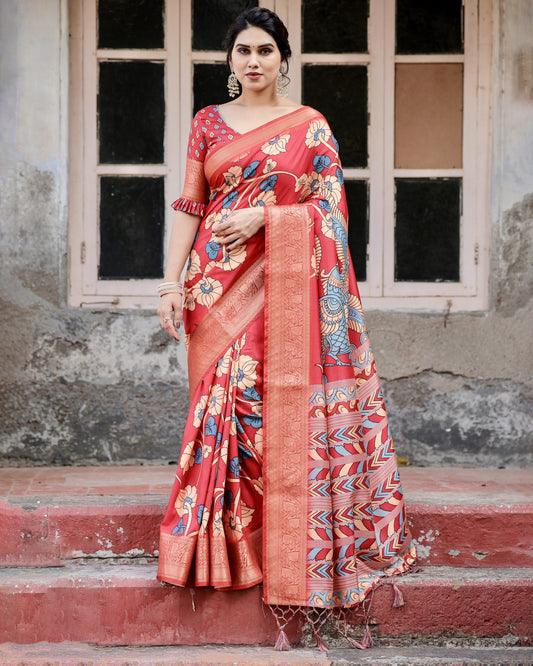 Red Tussar Silk Saree With Digital Kalamkari Print & Zari Motif Border | Casual & Festive Wear – JaipurSaaj