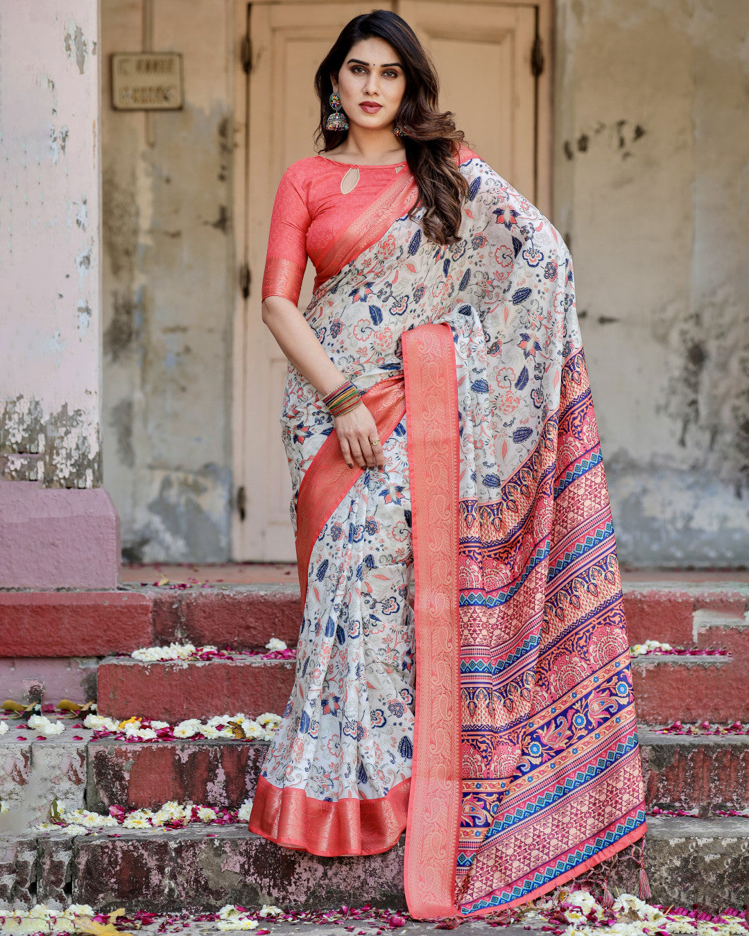 Multi Color Digital Printed Tussar Silk Saree With Zari Motif Border | Designer Festive Ethnic Wear – JaipurSaaj