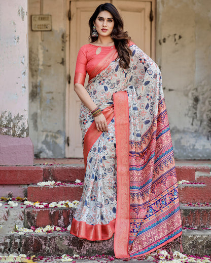 Multi Color Digital Printed Tussar Silk Saree With Zari Motif Border | Designer Festive Ethnic Wear – JaipurSaaj