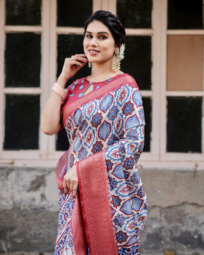 Multi Color Digital Printed Tussar Silk Saree With Zari Motif Border | Traditional Festive Ethnic Wear – JaipurSaaj