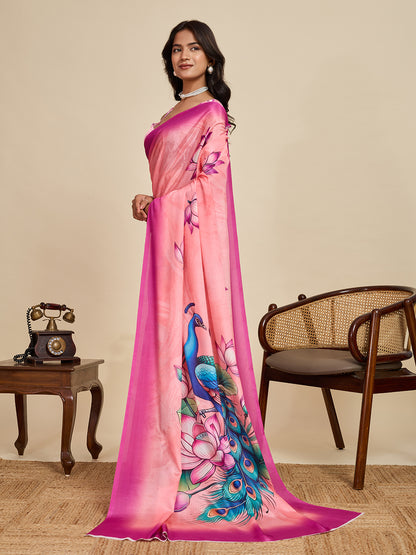 Baby Pink Soft Chinnon Silk Saree With Digital Printed Work