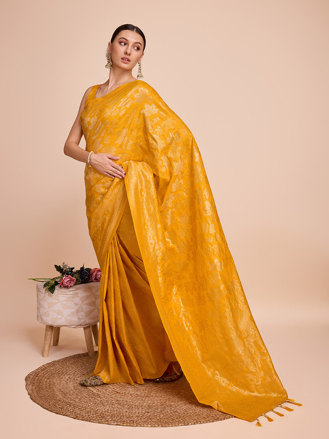 Golden & Copper Zari Weaving With Yellow Soft Silk Banarasi Saree | Party & Wedding Wear - JaipurSaaj