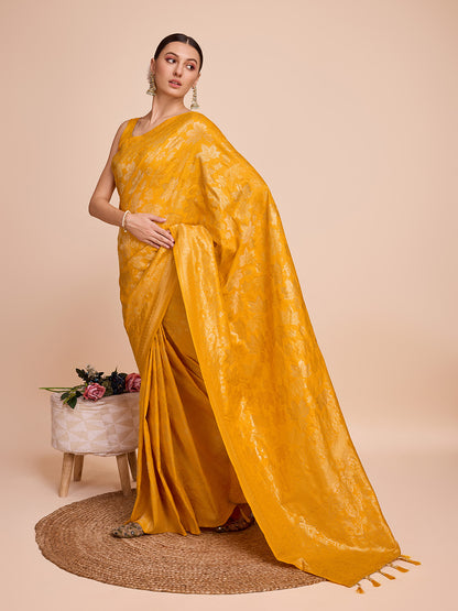 Golden & Copper Zari Weaving With Yellow Soft Silk Banarasi Saree | Party & Wedding Wear - JaipurSaaj