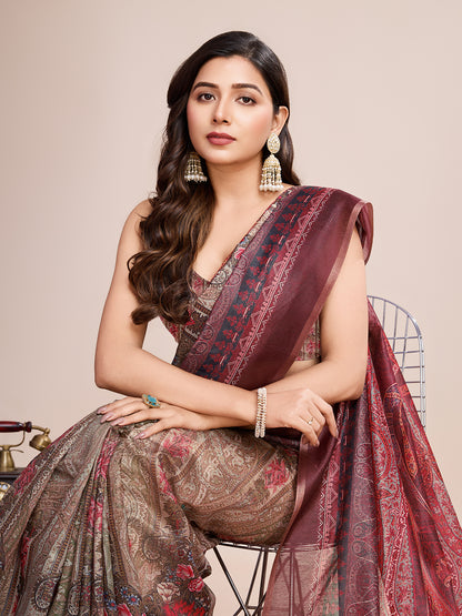 Multi Soft Linen Cotton Saree With Kalamkari Printed Work