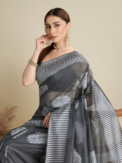 Gray Color Soft Silk Saree With Weaving Work Lining Border