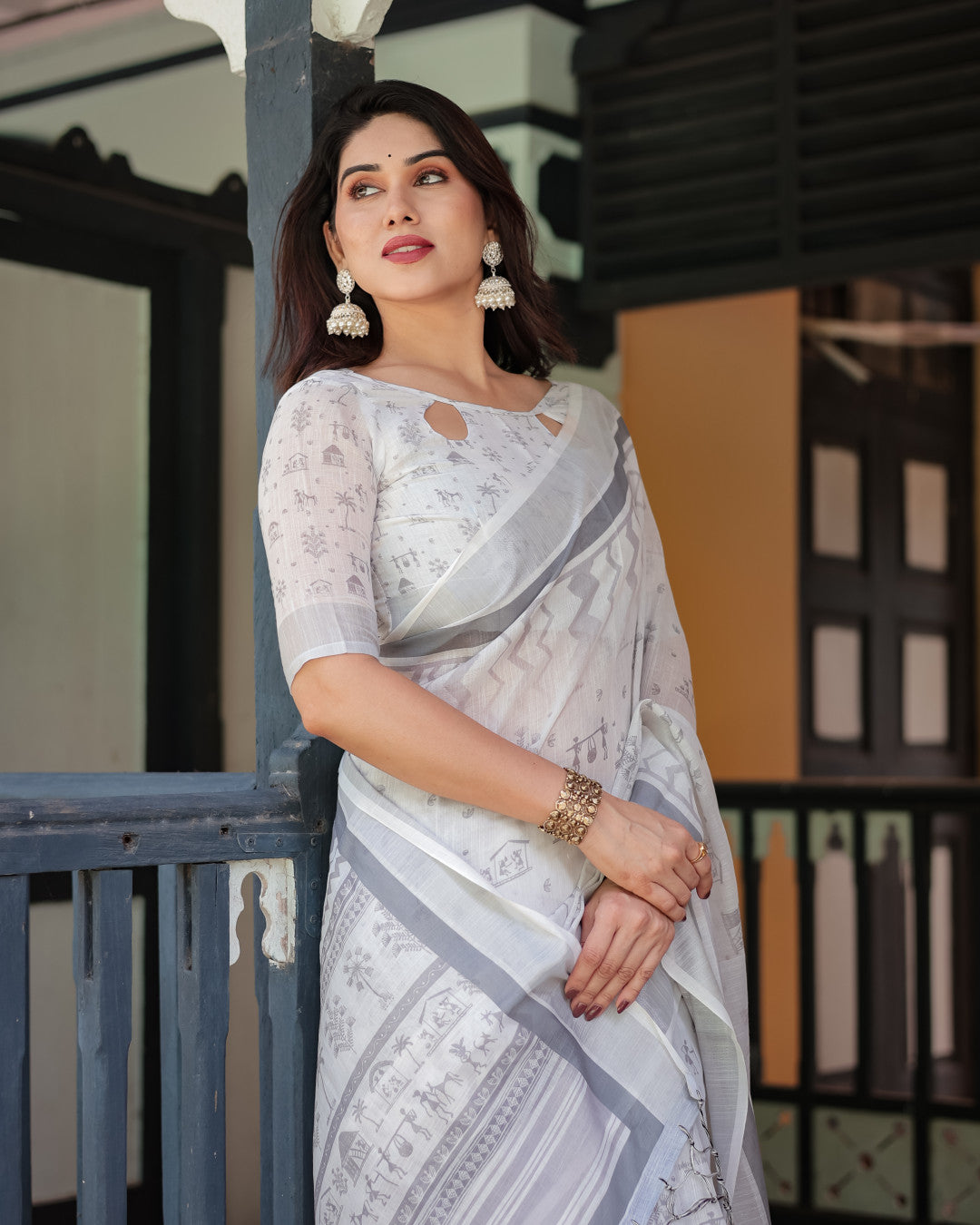 White Summer Special Digital Printed Linen Cotton Saree