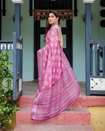 Pink Summer Special Digital Printed Linen Cotton Saree