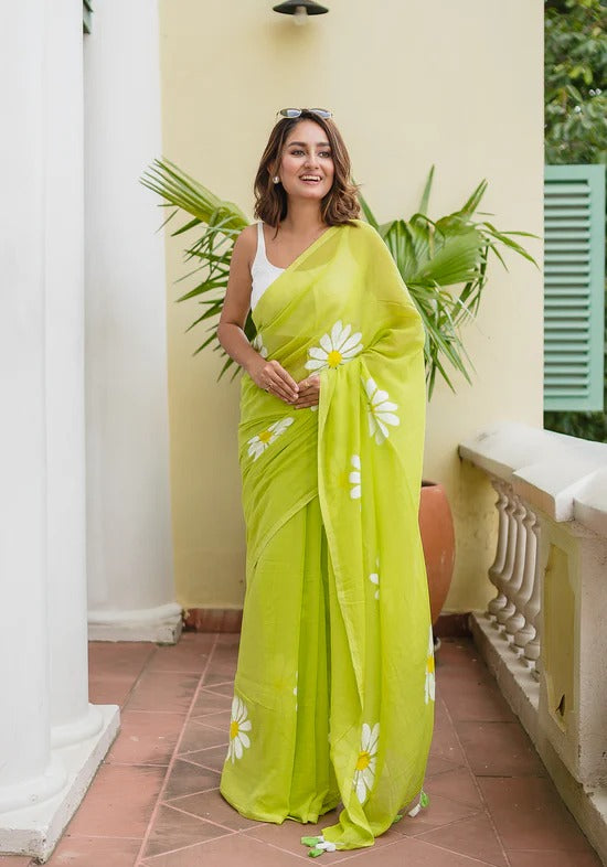 Parrot Green Khadi Cotton Saree with Floral Printed Work | Summer Casual Ethnic Wear – JaipurSaaj