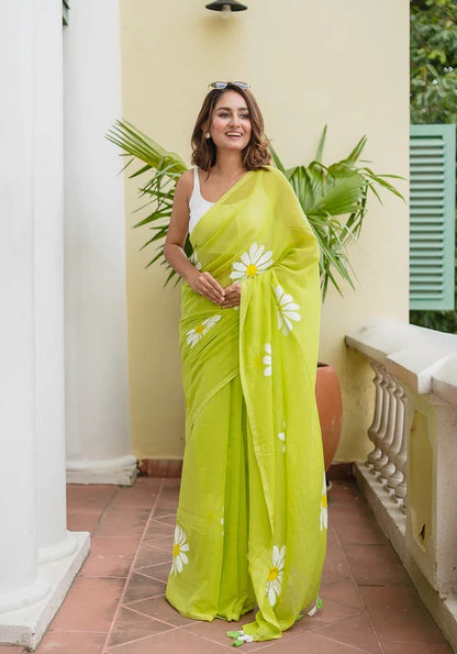 Parrot Green Khadi Cotton Saree with Floral Printed Work | Summer Casual Ethnic Wear – JaipurSaaj