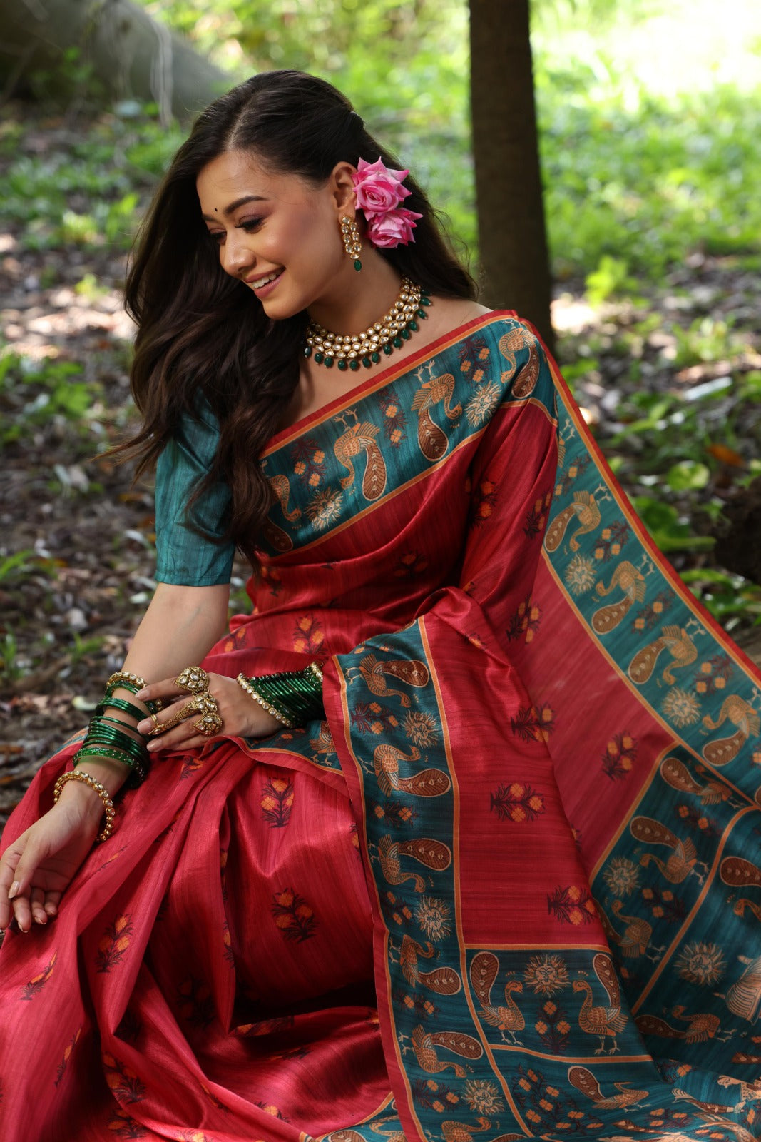 Pink Peacock Digital Printed Tussar Silk Saree | Traditional Festive Ethnic Wear – JaipurSaaj