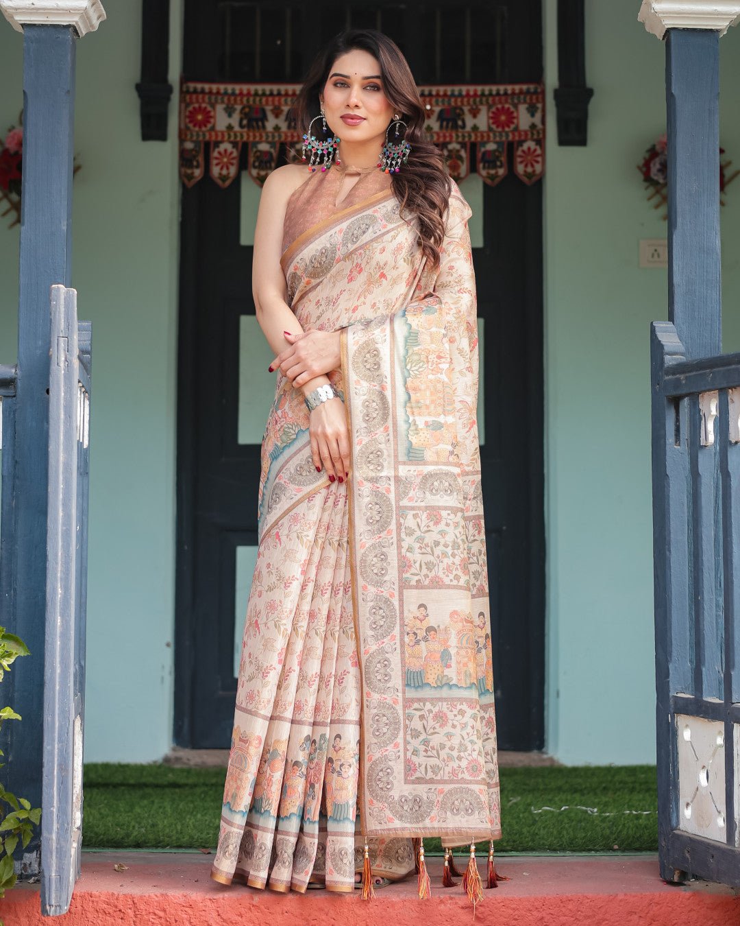 Off White Soft Linen Cotton Saree with Kalamkari Printed Work | Summer Casual & Ethnic Wear – JaipurSaaj