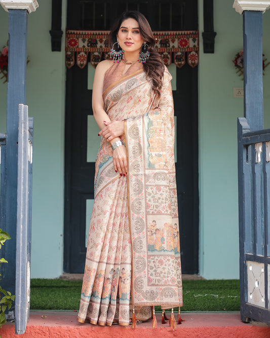 Off White Soft Linen Cotton Saree With Kalamkari Printed Work