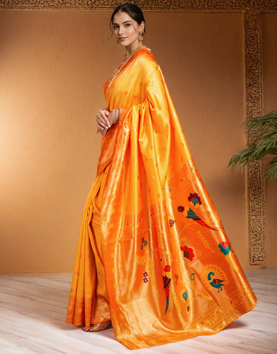 Traditional Orange Paithani Silk Saree With Zari Weaving Work
