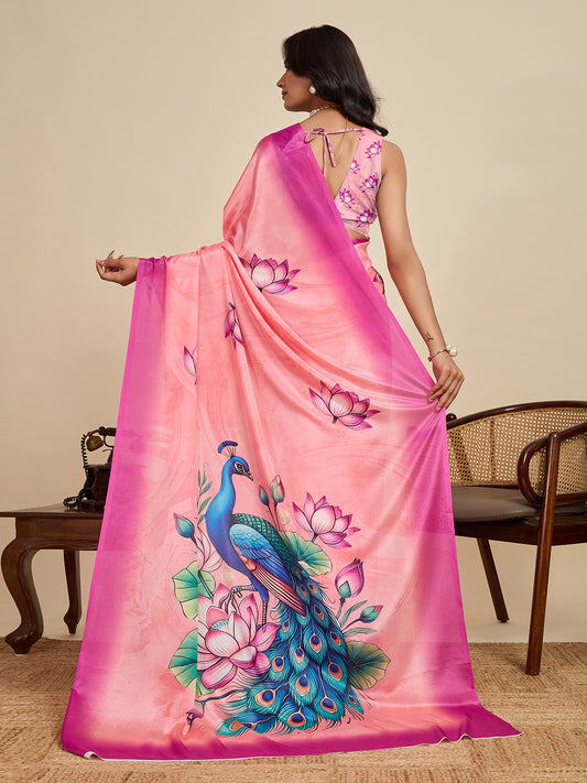 Baby Pink Soft Chinnon Silk Saree With Digital Printed Work
