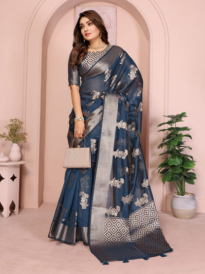 Navy Blue Organza Silk Banarasi Saree With Zari Weaving Work | Wedding & Festive Wear – JaipurSaaj