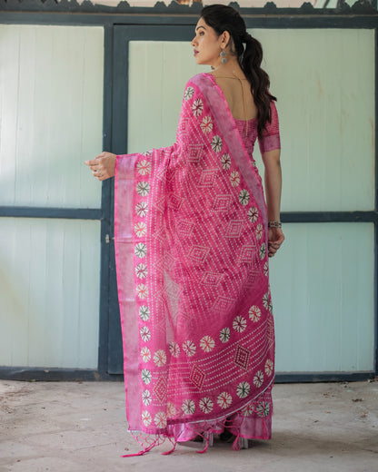 Baby Pink Soft Linen Cotton Saree With Digital Printed Work
