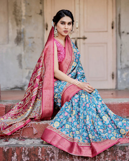 Multi Color Digital Printed Tussar Silk Saree With Zari Motif Border | Traditional Festive Ethnic Wear – JaipurSaaj