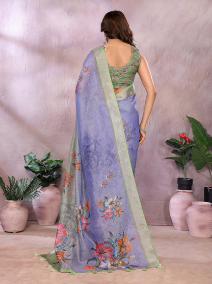 Multi Linen Cotton Saree With Digital Printed Work And Silver Zari Border