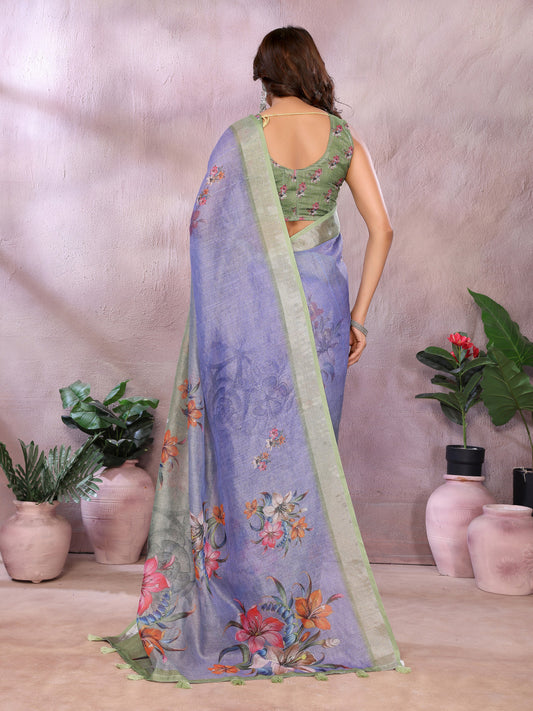 Multi Linen Cotton Saree With Digital Printed Work And Silver Zari Border