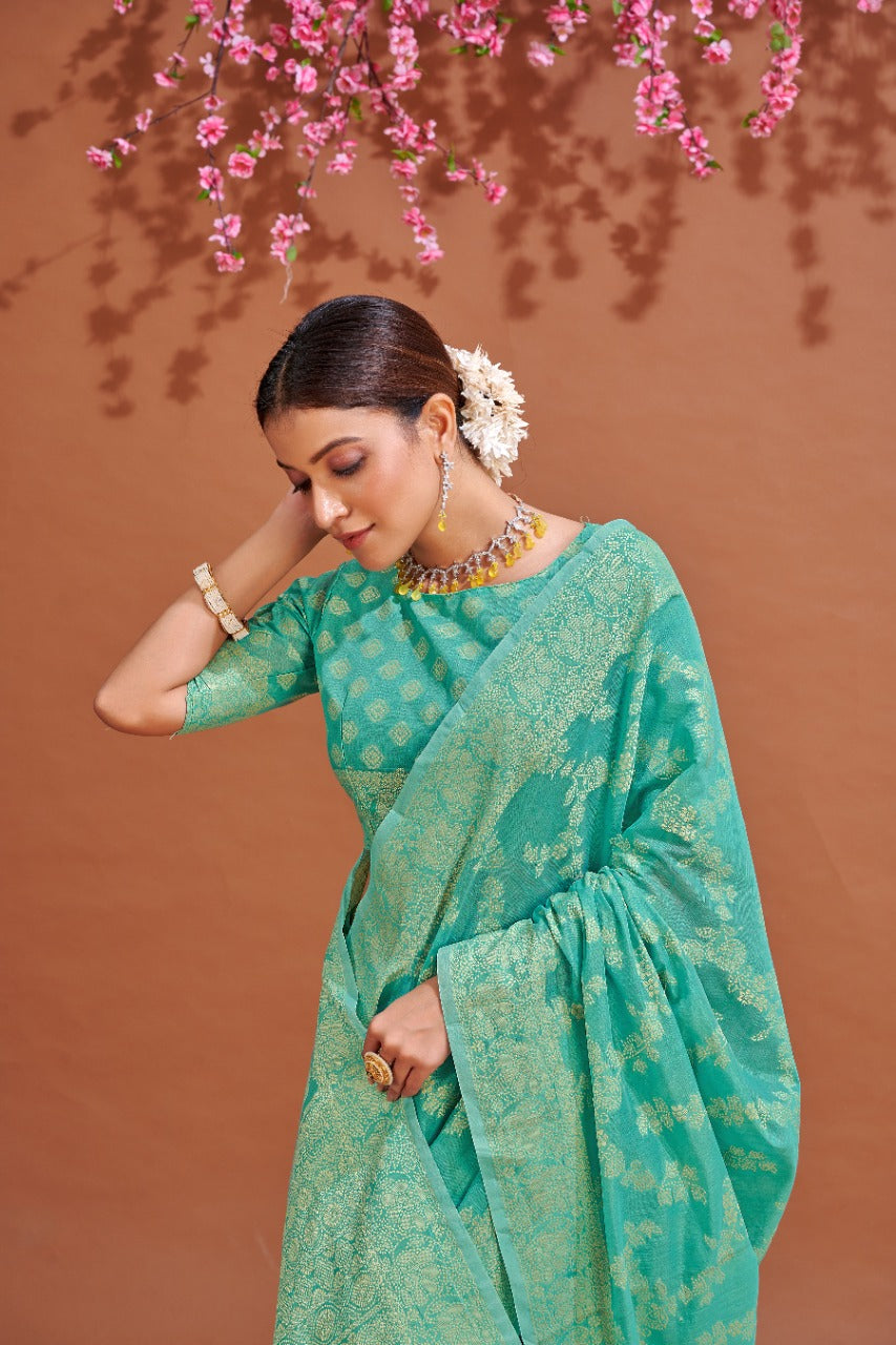 Sea Green Soft Cotton Saree With Lucknowi Work