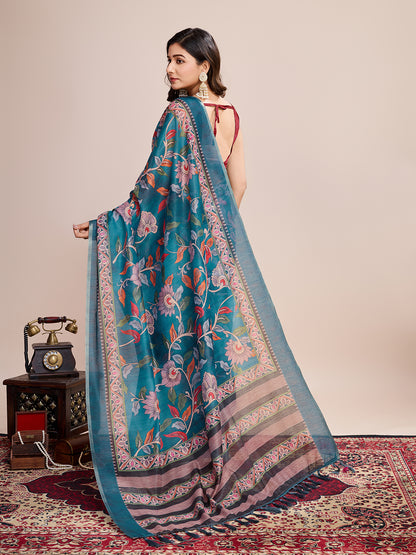 Rama Green Soft Linen Cotton Saree With Kalamkari Digital Printed Work