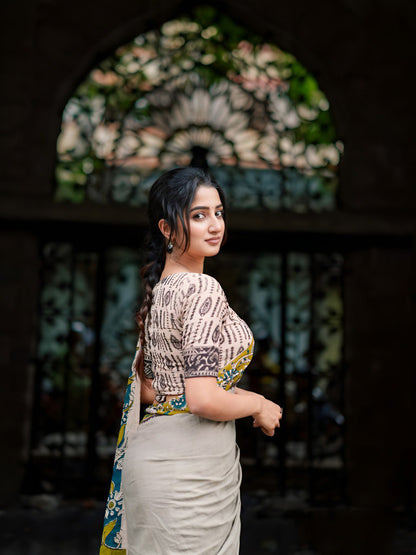 Gray Linen Cotton Saree With Digital Printed Work