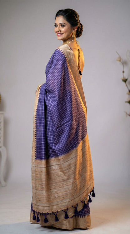Purple Tussar Silk Saree With Checks Weaving Work | Office & Festive Wear – JaipurSaaj