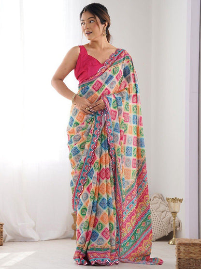 Multi Georgette Saree With Printed And Mirror Work With Arco Border