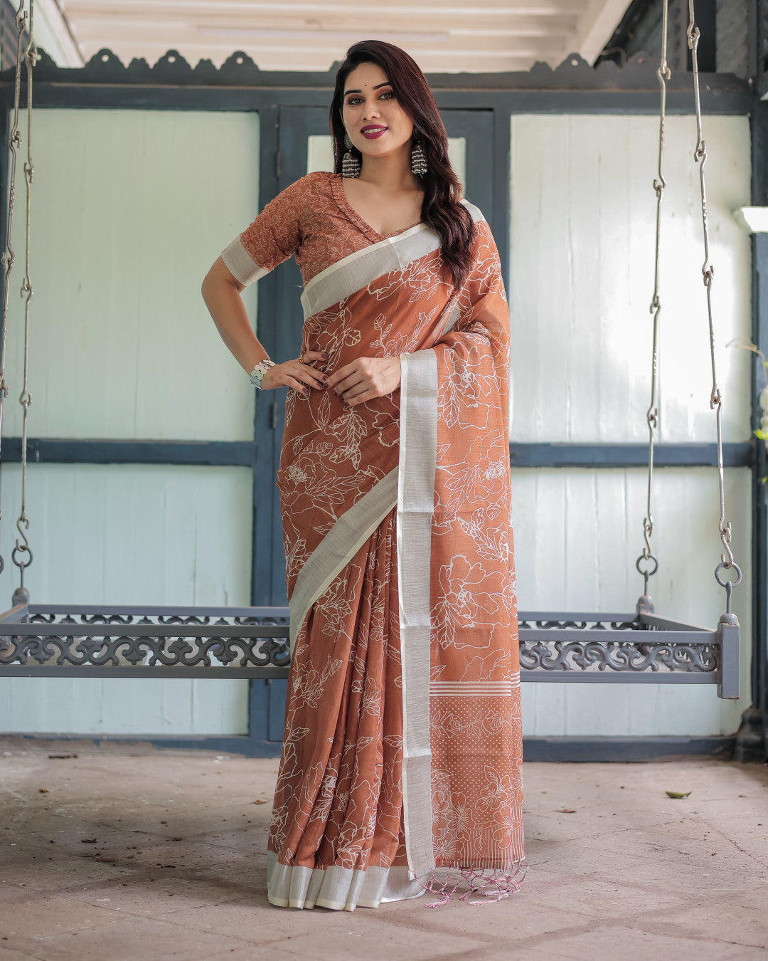 Coffee Digital Printed Linen Cotton Saree | Summer Special Office & Casual Wear – JaipurSaaj