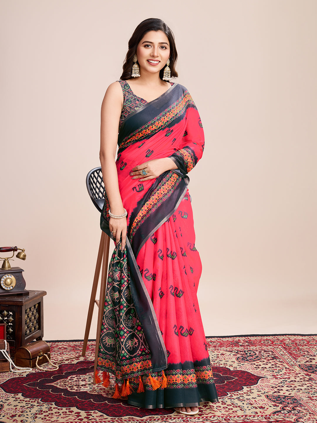 Pink Soft Linen Cotton Saree With Digital Printed Work