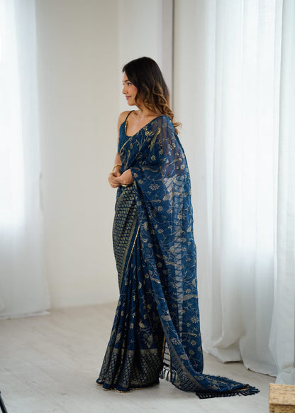 Navy Blue Color Georgette Saree With Digital Printed Work And Lace Border