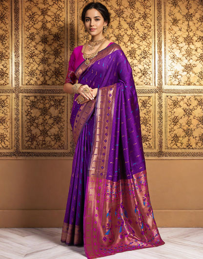Traditional Purple Paithani Silk Saree With Zari Weaving Work