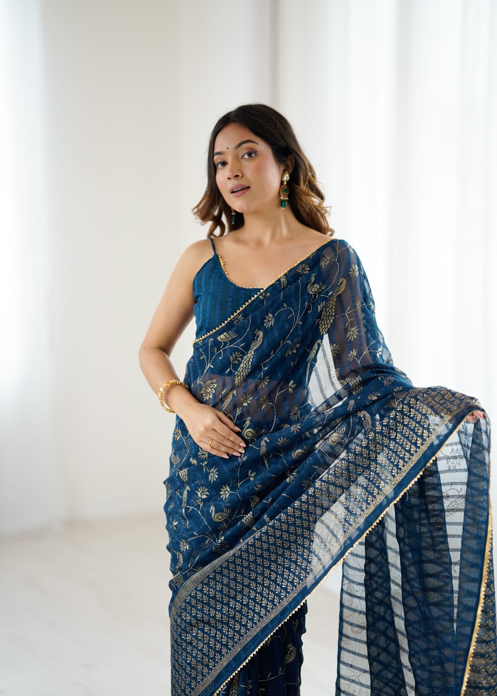Navy Blue Color Georgette Saree With Digital Printed Work And Lace Border